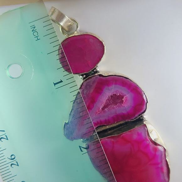 Pink Agate Geode Pendant Sterling Silver 2.75" Triple Druzy Statement - Picture 6 of 10